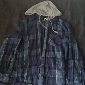 Blue buttonup plaid long sleeve shirt with hood!